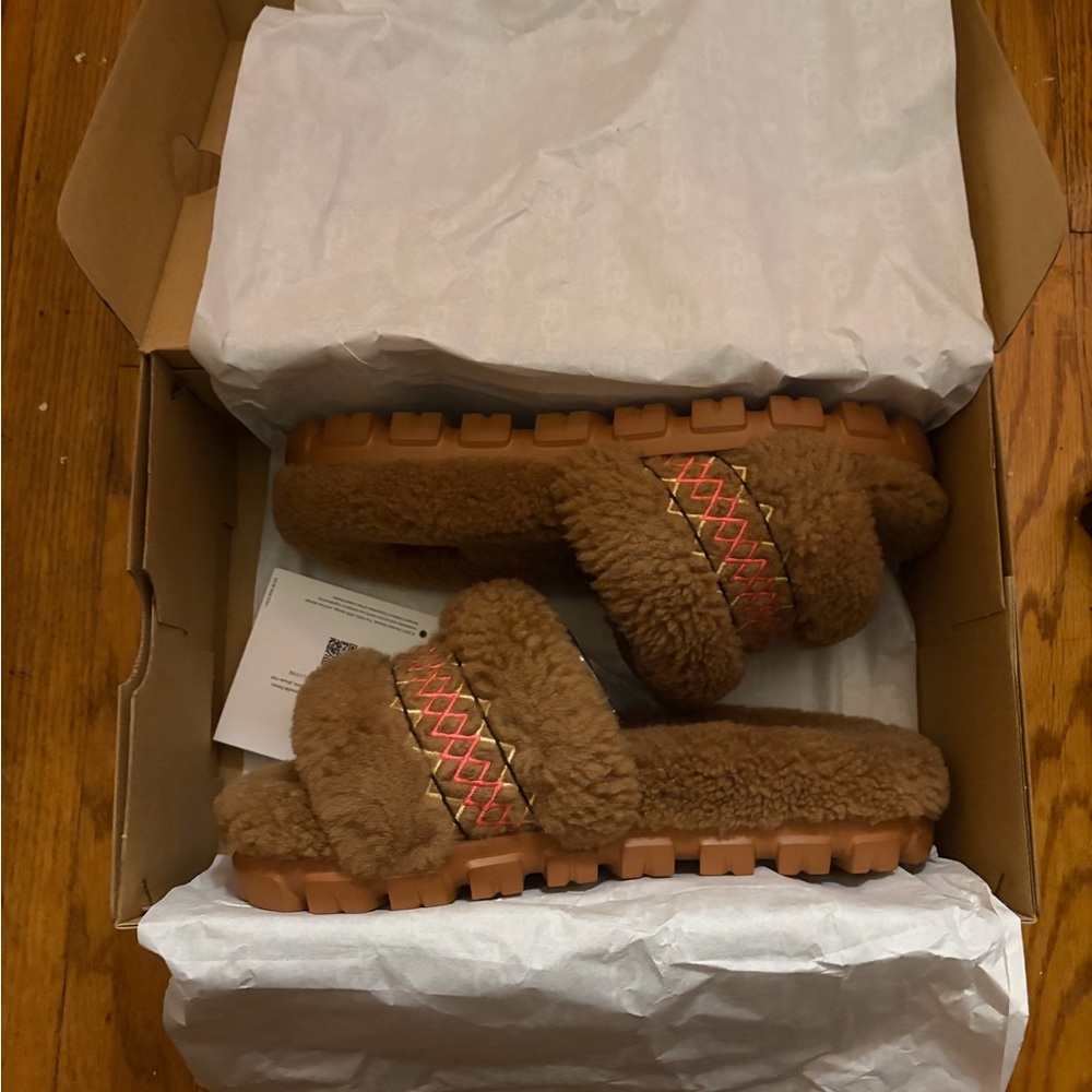 UGG Brown Fuzzy Slides with Patterned Strap